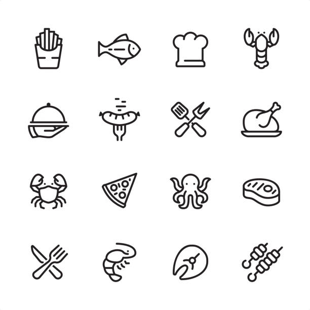 ilustrações de stock, clip art, desenhos animados e ícones de grilled food and seafood - outline icon set - carne