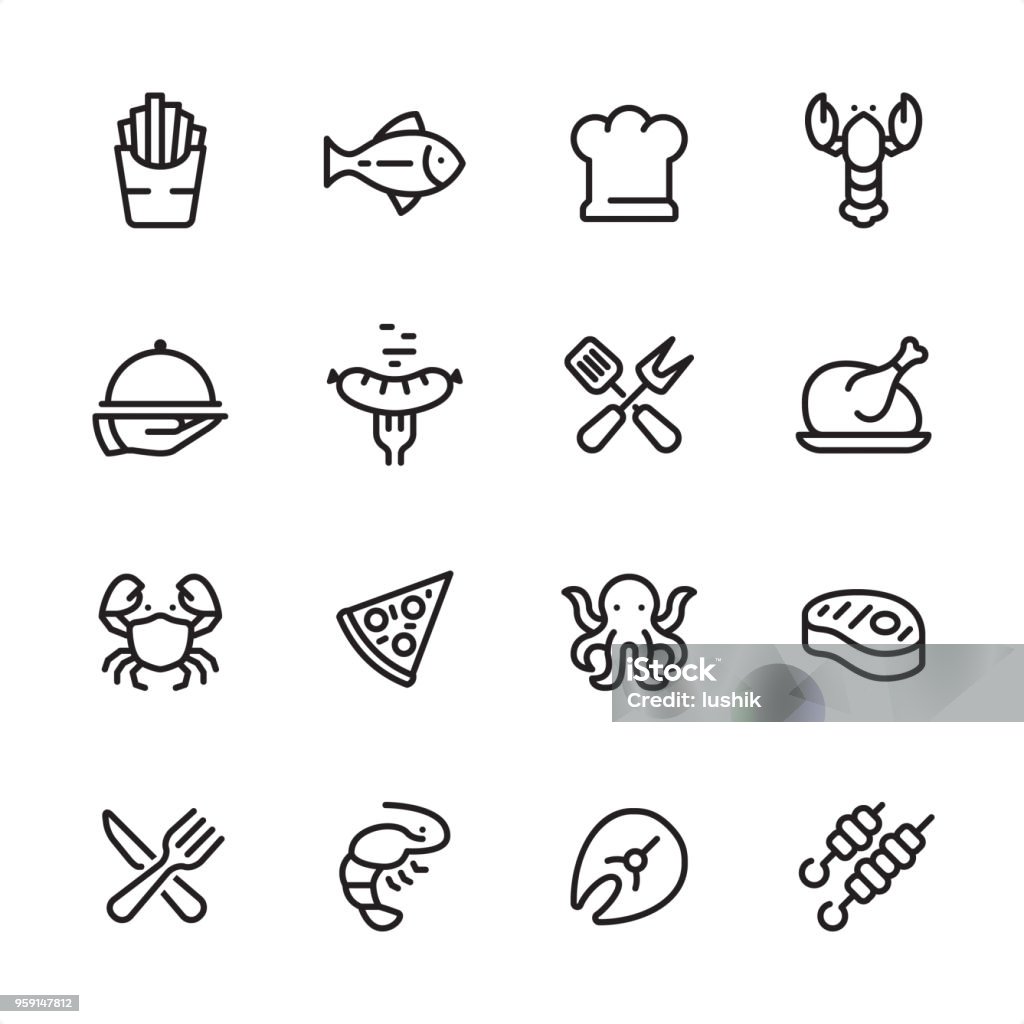 Grilled Food and Seafood - outline icon set 16 line black on white icons / Set #49
Pixel Perfect Principle - all the icons are designed in 48x48pх square, outline stroke 2px.

First row of outline icons contains: 
French Fries, Tuna Fish, Chef's Hat, Lobster - Seafood;

Second row contains: 
Serving Tray in Human hand, Grilled Sausage on Fork, Crossed Spatula and Kitchen Fork, Cooked roast chicken;

Third row contains: 
Crab-Seafood, Pizza, Octopus - Seafood, Steak; 

Fourth row contains: 
Crossed Fork and Table Knife, Shrimp - Seafood, Fish Fillet, Kebab.

Complete Inlinico collection - https://www.istockphoto.com/collaboration/boards/2MS6Qck-_UuiVTh288h3fQ Icon Symbol stock vector