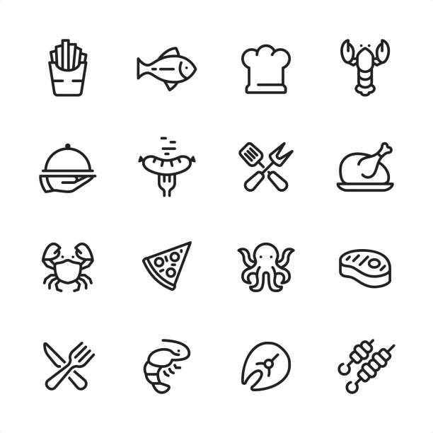 Grilled Food and Seafood - outline icon set 16 line black on white icons / Set #49
Pixel Perfect Principle - all the icons are designed in 48x48pх square, outline stroke 2px.

First row of outline icons contains: 
French Fries, Tuna Fish, Chef's Hat, Lobster - Seafood;

Second row contains: 
Serving Tray in Human hand, Grilled Sausage on Fork, Crossed Spatula and Kitchen Fork, Cooked roast chicken;

Third row contains: 
Crab-Seafood, Pizza, Octopus - Seafood, Steak; 

Fourth row contains: 
Crossed Fork and Table Knife, Shrimp - Seafood, Fish Fillet, Kebab.

Complete Inlinico collection - https://www.istockphoto.com/collaboration/boards/2MS6Qck-_UuiVTh288h3fQ chicken steak stock illustrations