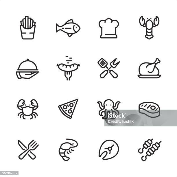 Grilled Food And Seafood Outline Icon Set Stock Illustration - Download Image Now - Icon Symbol, Fish, Food