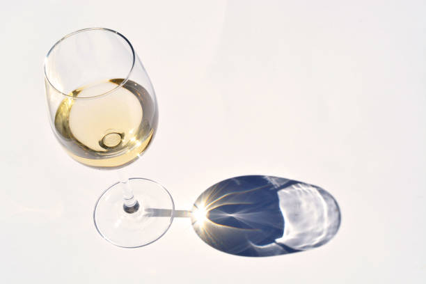 copa de vino blanco con efecto de sombra de reflexión sobre un fondo de espacio blanco vacío copia - wine glass white wine wineglass fotografías e imágenes de stock