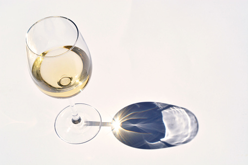 White wine glass with reflection shadow effect on a white grey empty copy space background