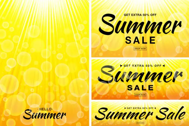 Vector illustration of Summer sale template banners. Sun rays backgrounds. Glow horizontal and vertical sunlight yellow backdrop. Sunshine glare heat with flash rays and bubbles borders.  Vector illustration.