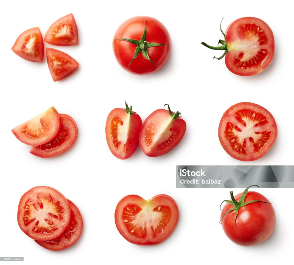 Set of fresh whole and sliced tomatoes Set of fresh whole and sliced tomatoes isolated on white background. Top view Tomato Stock Photo