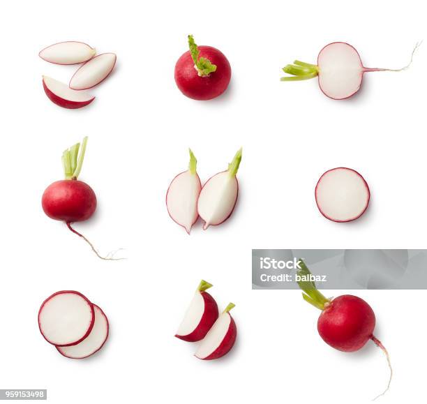 Set Of Fresh Whole And Sliced Radishes Stock Photo - Download Image Now - Radish, White Background, High Angle View