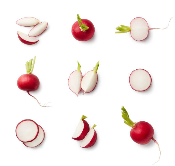 set of fresh whole and sliced radishes - vegetable isolated food radish imagens e fotografias de stock