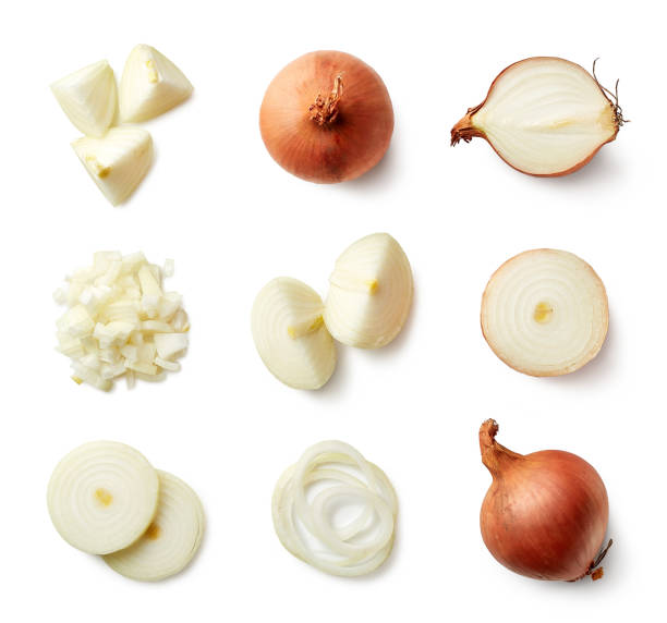 conjunto de cebollas frescas enteras y en rodajas - onion fotografías e imágenes de stock