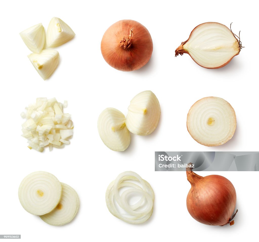 Set of fresh whole and sliced onions Set of fresh whole and sliced onions isolated on white background. Top view Onion Stock Photo