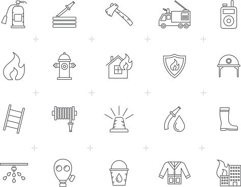 Line firefighter and fire brigade icons - vector icon set