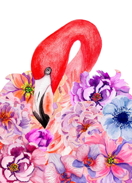 istock Watercolor flamingo with flowers. Hand drawn illustration. 959156236