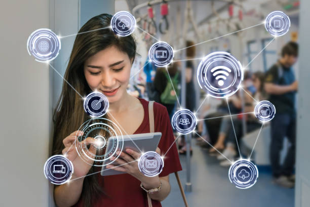 istock Asian woman passenger suit using the smart tablet over Wireless communication connecting of smart city Internet of Things Technology in the BTS Skytrain rails or MRT subway, lifestyle concept 959157944