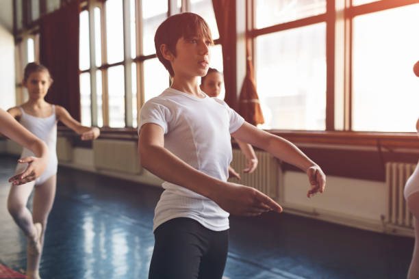 Ballet school Group of children on ballet class in ballet studio with teacher. dance studio instructor stock pictures, royalty-free photos & images