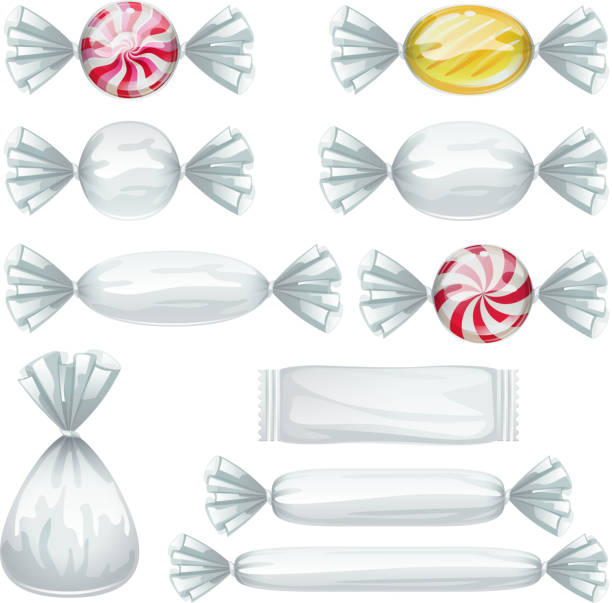 illustrations, cliparts, dessins animés et icônes de ensemble de bonbons dans des emballages transparents - peppermint