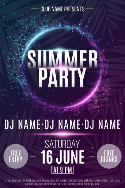Flyer for the Summer Party. Abstract neon round banner with flying luminous geometric particles. Dance night party. Triangles. Plexus style. The names of the club and DJ. Vector illustration. EPS 10 Flyer for the Summer Party. Abstract neon round banner with flying luminous geometric particles. Dance night party. Triangles. Plexus style. The names of the club and DJ. Vector illustration entertainment club stock illustrations
