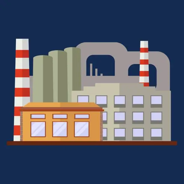 Vector illustration of Plant or Factory Building. Flat Style Vector Illustration.