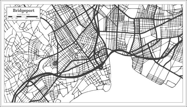 ilustraciones, imágenes clip art, dibujos animados e iconos de stock de mapa de la ciudad de bridgeport usa en estilo retro. mapa de contorno. - map cartography connecticut drawing