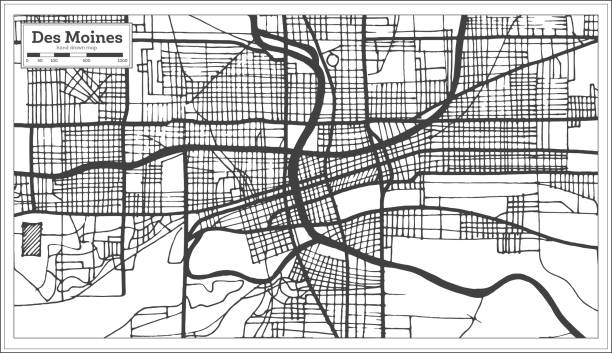 des moines usa miasto mapa w stylu retro. mapa konspektu. - iowa map stock illustrations