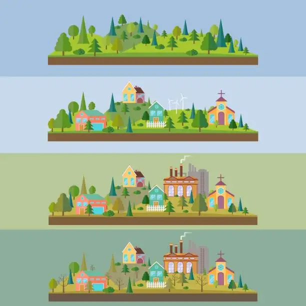 Vector illustration of Set of four illustration. Wild forest in flat style. Eco village in flat style.Eco village with plant or factory building in flat style. Environmental pollution. Vector illustration.