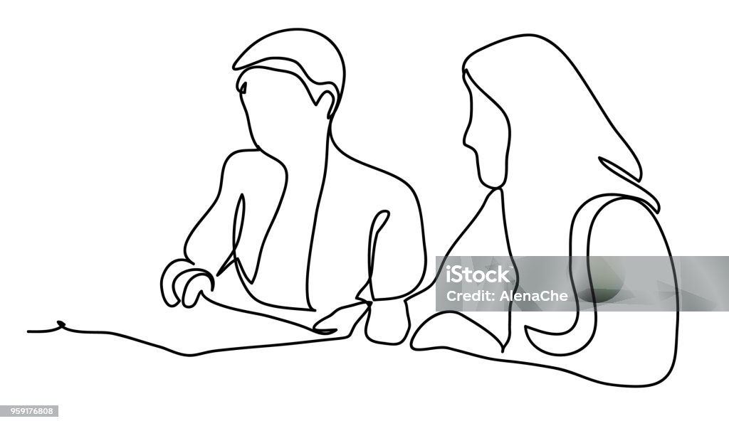 Two business ladies in negotiations. Business concept illustration. Continuous line drawing. Isolated on the white background. Vector illustration monochrome, drawing by lines Two business ladies in negotiations. Business concept illustration. Continuous line drawing. Isolated on the white background. Vector illustration monochrome Line Art stock vector