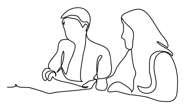 Two business ladies in negotiations. Business concept illustration. Continuous line drawing. Isolated on the white background. Vector illustration monochrome, drawing by lines Two business ladies in negotiations. Business concept illustration. Continuous line drawing. Isolated on the white background. Vector illustration monochrome two people illustrations stock illustrations