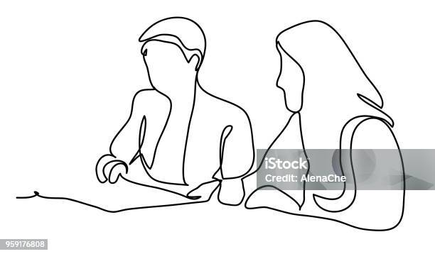 Two Business Ladies In Negotiations Business Concept Illustration Continuous Line Drawing Isolated On The White Background Vector Illustration Monochrome Drawing By Lines Stock Illustration - Download Image Now