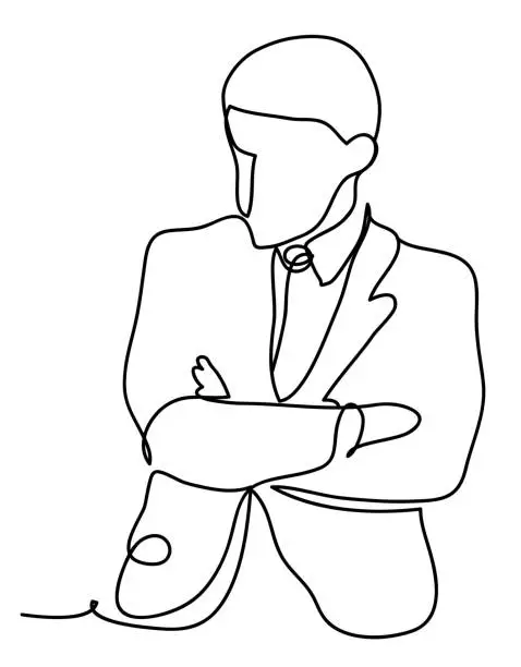 Vector illustration of The businessman thinks. Business concept illustration. Continuous line drawing. Isolated on the white background. Vector illustration monochrome, drawing by lines