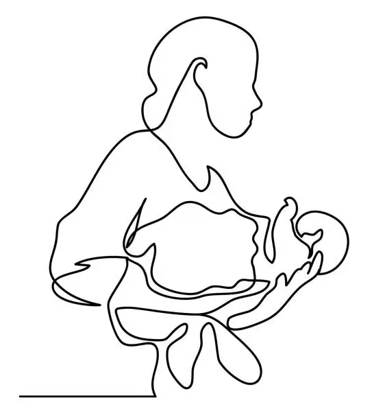 Vector illustration of A mother with a baby. Family, motherhood and lifestyle concept. Continuous line drawing. Isolated on the white background. Vector illustration monochrome, drawing by lines