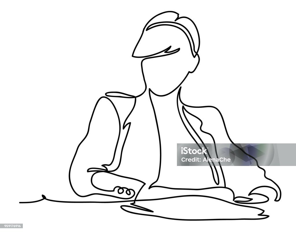 Imprenditrice seduta sul posto di lavoro in ufficio. Illustrazione del concetto di business. Disegno continuo della linea. Isolato sullo sfondo bianco. Illustrazione vettoriale monocromatica - arte vettoriale royalty-free di Line Art