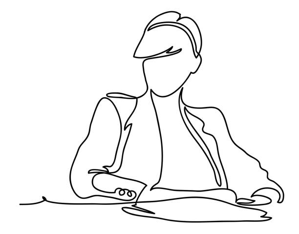 Businesswoman sitting at her workplace in office. Business concept illustration. Continuous line drawing. Isolated on the white background. Vector illustration monochrome Businesswoman sitting at her workplace in office. Business concept illustration. Continuous line drawing. Isolated on the white background. Vector illustration monochrome, drawing by lines entrepreneur drawings stock illustrations