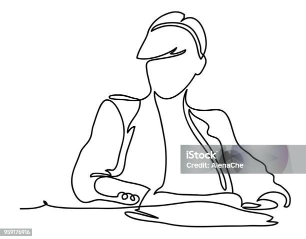 Businesswoman Sitting At Her Workplace In Office Business Concept Illustration Continuous Line Drawing Isolated On The White Background Vector Illustration Monochrome Stock Illustration - Download Image Now