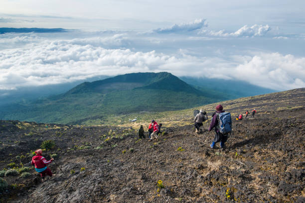 Goma, Democratic Republic of Congo - January 7, 2016: A group of western trekking tourists together with their local porters and guides is descencing from the crater rim of Nyiragongo Volcano in Virunga National Park. In the middle of the image the crater of the huge 2002 eruption is visible.