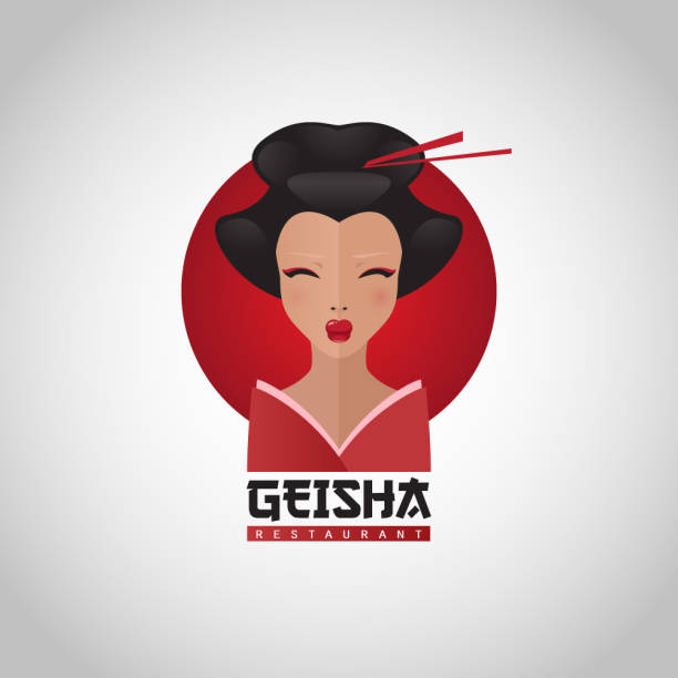 "Geisha" restaurant logo. Design elements with flat portrait illustration of Japanese girl in traditional kimono. modern geisha stock illustrations