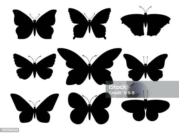 Papillons Noirs Silhouettes Vecteurs libres de droits et plus d'images vectorielles de Papillon - Papillon, Forme, Silhouette - Contre-jour