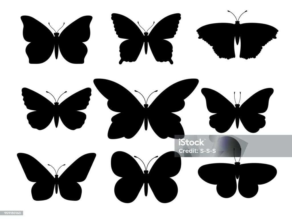 Butterflies black silhouettes Butterflies silhouettes. Vector spring butterfly silhouette collection isolated on white background Butterfly - Insect stock vector