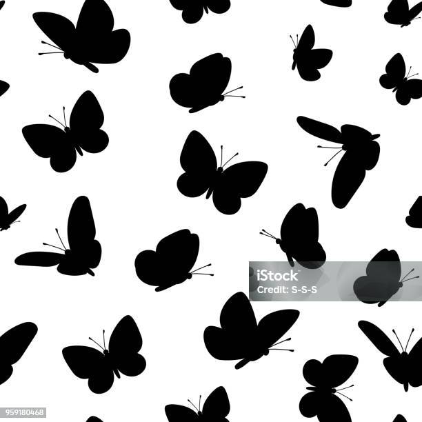 Black Butterfliesseamless Pattern Stock Illustration - Download Image Now - Butterfly - Insect, Black And White, Pattern