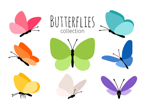 Colored spring butterflies. Abstract drawing color flying butterfly set for kids vector illustration isolated on white background