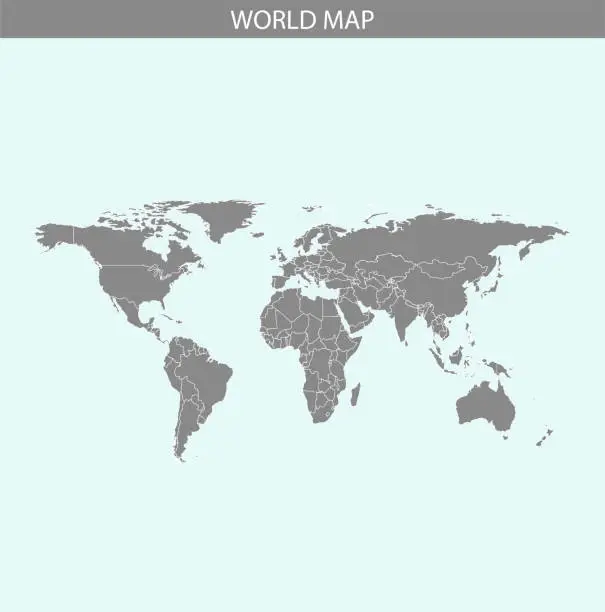 Vector illustration of World map vector outline illustration cartography in gray and blue background. Borders of all countries are included on this map.