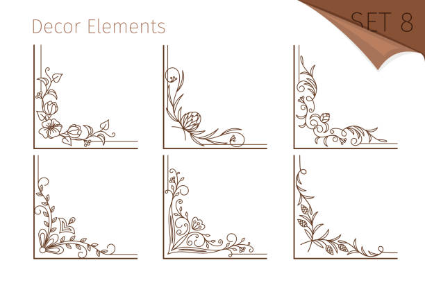 ilustraciones, imágenes clip art, dibujos animados e iconos de stock de esquinas floral línea vintage - baroque style rococo style single line frame