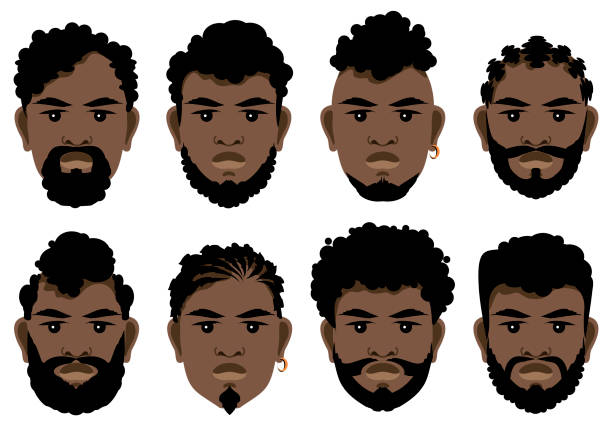 ilustraciones, imágenes clip art, dibujos animados e iconos de stock de conjunto de caras de hombres negros con diferentes peinados, barbas y bigote. - afro man