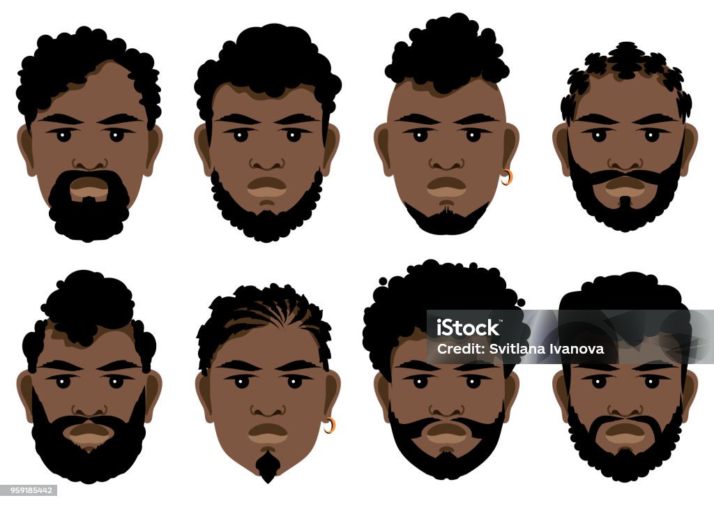 Set Of Black Mens Faces With Different Hairstyles Beards And Mustache Stock  Illustration - Download Image Now - iStock