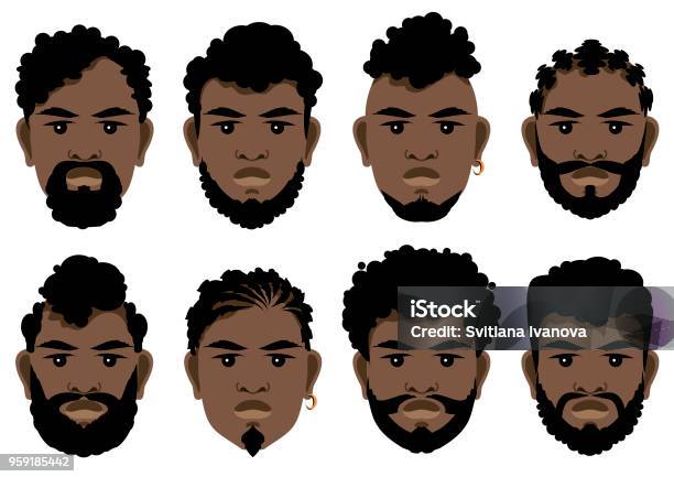 Set Of Black Mens Faces With Different Hairstyles Beards And Mustache Stock  Illustration - Download Image Now - iStock