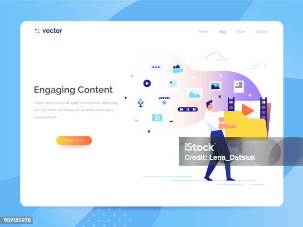 Engaging Content Concept Man Carries A Large Folder With Media Files Communication With Subscribers Vector Illustration Stock Illustration - Download Image Now