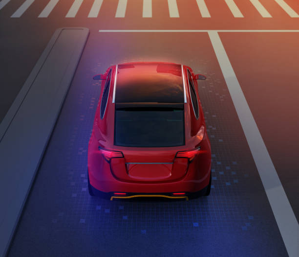 istock Rear view of red SUV driving on the road with graphic mesh pattern retouched 959189996