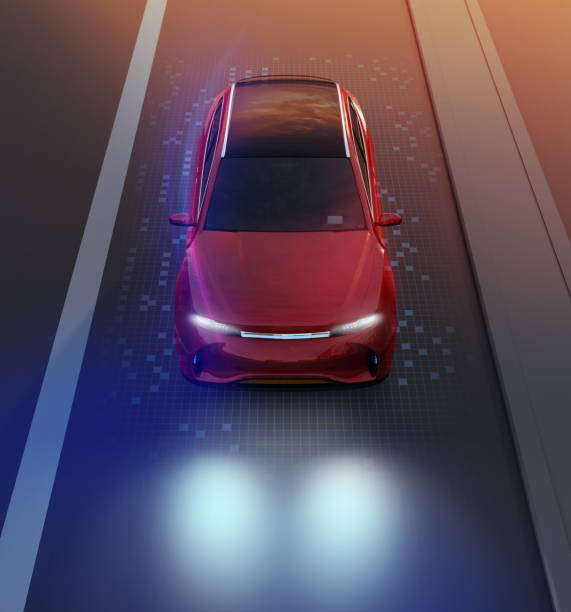 istock Front view of red SUV driving on the road with graphic mesh pattern retouched 959190110