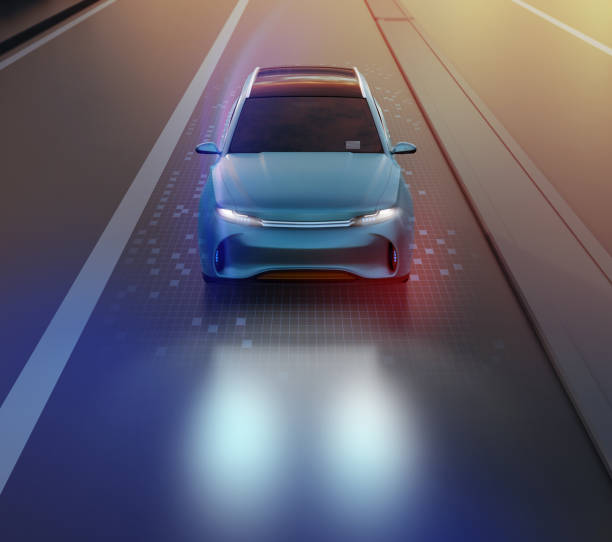 istock Front view of metallic blue SUV driving on the road with graphic mesh pattern retouched 959190240