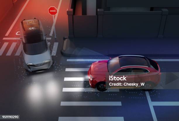 Red Suv Avoid A Accident From A Minivan At Crossroad Stock Photo - Download Image Now
