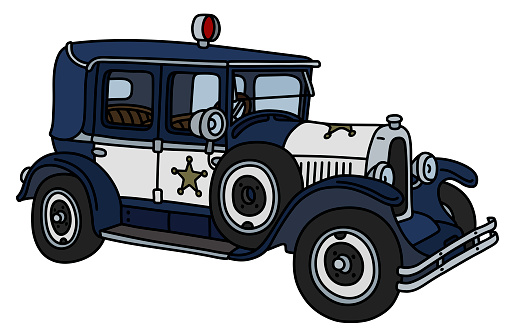 The vector illustration of a vintage dark blue and white police car, not a real model