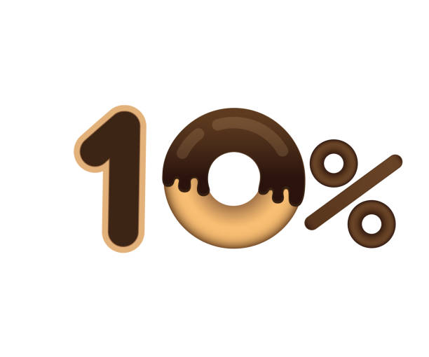 verkaufspreis 10 prozent und rabatt. schriftzug in form eines donuts mit glasur isoliert auf weißem hintergrund gemacht. verkauf von lebensmitteln. - low back stock-grafiken, -clipart, -cartoons und -symbole