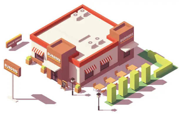 Vector illustration of Vector isometric low poly fast food restaurant