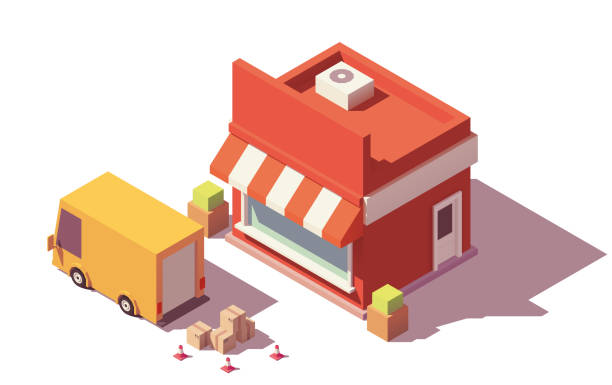 Vector low poly shop icon Vector low poly shop and truck unloading boxes with goods icon small business illustrations stock illustrations